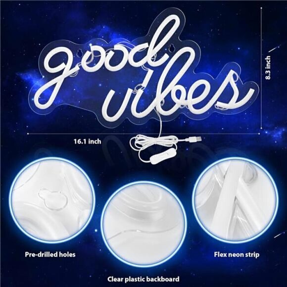 Blue Good Vibes Neon Sign LED Wall Decor Light Bedroom Wall (16.1 x 8.3 inch) - Picture 3 of 7